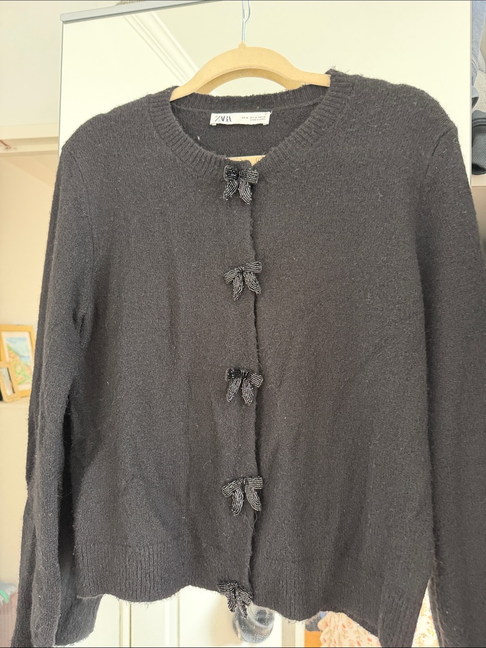 Zara Black Bow-Detail Crewneck Cardigan